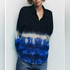 Zara Double Gauze Linen Cotton Button Up Oversized Tie Dye Shirt Size M Beachy